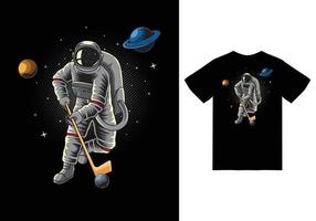 astronauta che gioca a hockey nello spazio illustrazione con tshirt design premium vector