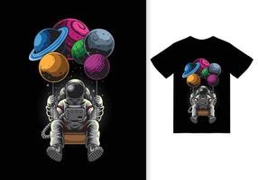 illustrazione del fumetto dei pianeti oscillanti dell'astronauta con il vettore premium del design della maglietta