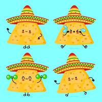 set di pacchetti di personaggi nachos felici e divertenti. disegno dell'icona dell'illustrazione del personaggio dei cartoni animati di stile di doodle disegnato a mano di vettore. simpatica collezione di personaggi mascotte nachos vettore
