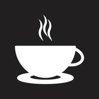 eps10 vettore bianco tazza di caffè con vapore caldo o icona di fumo isolata su sfondo nero. simbolo solido della tazza di tè in uno stile semplice e alla moda per il design, il logo e l'applicazione mobile del tuo sito web