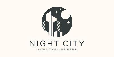skyline notturno della città con ispirazione per il design del logo della luna piena vettore