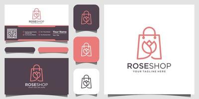 modello di design del logo del negozio di rose, borsa combinata con fiore. vettore