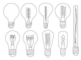 set di icone di lampadina. illustrazione di doodle di vettore di una lampadina a incandescenza. risparmio energetico