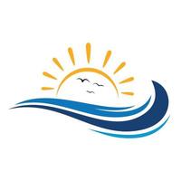 logo della spiaggia, logo del tramonto sulla spiaggia, vettore del logo dell'onda