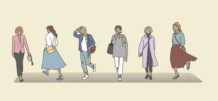 illustrazione vettoriale di persone felici casuali. personaggi diversi dei cartoni animati, persone che indossano vari vestiti alla moda in stile casual