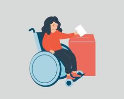 donna con disabilità che vota alle elezioni. la persona di sesso femminile che usa la sedia a rotelle partecipa a una votazione e inserisce nell'urna la scheda elettorale. illustrazione vettoriale