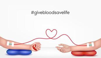 mani del donatore e del ricevente per donare il sangue. concetto di donazione di sangue segno medico del cuore. dare il sangue salva la vita, il giorno del donatore di sangue mondiale-giugno 14. illustrazione 3d vettoriale eps10.
