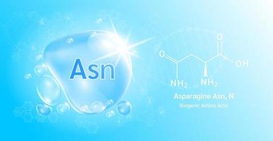 goccia d'acqua importante aminoacido asparagina asn, n e formula chimica strutturale. asparagina su fondo blu. concetti medici e scientifici. illustrazione vettoriale 3d.