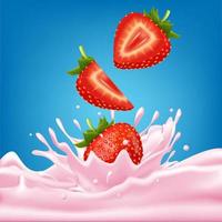 fragola dolce rosa latte con frutti di bosco e schizzi realistici, frutta e yogurt. illustrazione 3d vettoriale. vettore