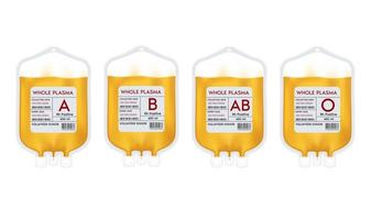 sacca sangue plasma con etichetta diverso gruppo plasma a, b, o e sistema rh. idee per la donazione di plasma per aiutare il medico ferito. illustrazione 3d vettoriale eps10