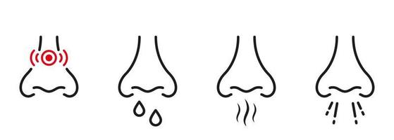 pittogramma di contorno del virus malato di naso che cola allergico. simbolo piatto della malattia respiratoria medica nasale. segno di malattia del dolore al naso. set di icone della linea nera di infezione da starnuto nasale. illustrazione vettoriale isolata.