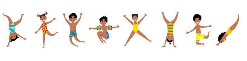 una serie di felici bambini afroamericani. ragazze e ragazzi in costume da bagno. vettore