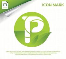 lettera creativa p e design moderno del logo a foglia verde vettore