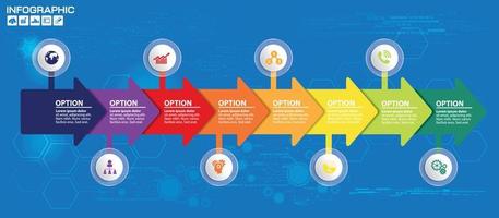 modello di infografica del diagramma di processo della timeline orizzontale di affari moderni. banner vettoriale utilizzato per la presentazione e il diagramma di layout del flusso di lavoro, web design. elementi astratti del grafico 7 opzioni di passaggi.