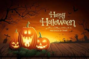 illustrazione vettoriale di zucca di Halloween sul pavimento del tavolo in legno con campo tombale in luna piena uno sfondo notturno spaventoso