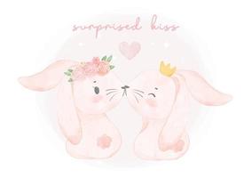 coppia adorabile coniglietto rosa ragazzo e ragazza che baciano acquerello, simpatico animale bosco illustrazione disegno vettore