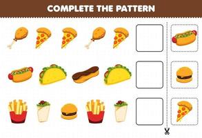 gioco educativo per bambini completare lo schema pensiero logico trovare la regolarità e continuare il compito di fila con cibo e spuntino pollo fritto pizza hotdog taco hamburger vettore