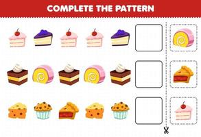 gioco educativo per bambini completare lo schema pensiero logico trovare la regolarità e continuare il compito di fila con cibo e snack torta torta formaggio muffin vettore