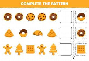 gioco educativo per bambini completare lo schema pensiero logico trovare la regolarità e continuare il compito di fila con cibo e spuntino ciambella biscotto croissant pan di zenzero vettore
