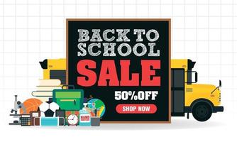 torna a scuola vendita concept design banner piatto. sconto del 50%, acquista ora. Bentornato a scuola. icona della scuola vettore