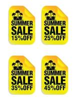 adesivi gialli saldi estivi con occhiali da sole e icona di palma. adesivi in vendita 15, 25, 35, 40 percento di sconto vettore