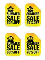adesivi gialli saldi estivi con occhiali da sole e icona di palma. adesivi in vendita 50, 55, 60, 70 percento di sconto vettore