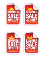 set di adesivi rossi per saldi estivi. vendita 10, 20, 30, 40 percento di sconto. adesivi con l'icona del sole giallo vettore
