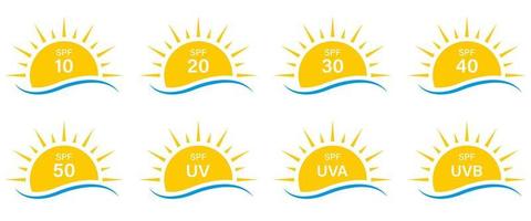 sole raggi uv spf 50 40 30 20 10 proteggere le radiazioni silhouette icon set. protezione solare estiva raggi ultravioletti uva uvb difesa glifo della pelle pittogramma. icona. illustrazione vettoriale isolata