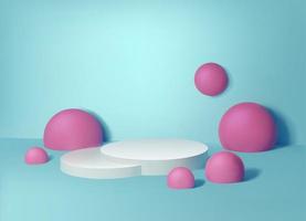 Sfondo vettoriale realistico 3d. supporto bianco di bellezza con palline rosa intorno. esposizione di cosmetici e prodotti.