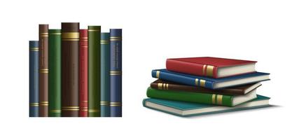 Set di icone vettoriali realistiche 3d. copertine di libri nella riga e pile di libri in superficie. isolato su sfondo bianco.