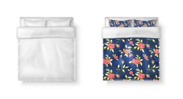 Set di icone vettoriali realistiche 3d. letto matrimoniale con lenzuola bianche, piumino e due cuscini bianchi e stampati.