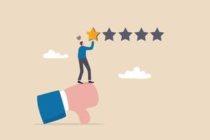 feedback negativo, recensione negativa o feedback del cliente con una stella, esperienza utente terribile o di scarsa qualità, risultato di valutazione basso o concetto di delusione, uomo infelice con il pollice in giù che dà una stella di recensione negativa. vettore