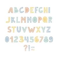 set di lettere e numeri disegnati a mano. alfabeto in colori pastello vettore