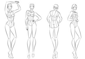 moda figura dieci teste modello di design croquis che indossa corpetto vettore