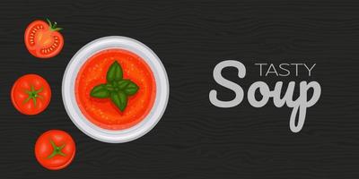 zuppa di pomodoro, gazpacho con pomodori su fondo legno nero. volantino orizzontale. oggetto per imballaggio, pubblicità, menu. illustrazione vettoriale. stile cartone animato. vettore