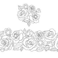 bordo floreale senza cuciture con rose per il design della decorazione, illustrazione vettoriale. rose fiori linea arte disegno in bianco e nero per matrimonio, stampa di moda, design tessile. sfondo botanico. vettore