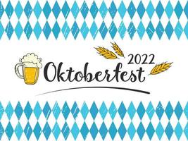 oktoberfest 2022 - festa della birra. elementi di doodle disegnati a mano. scritta nera con boccale di birra e spighe di grano con strisce orizzontali di diamanti blu con trama su sfondo bianco. vettore