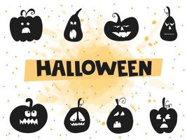 halloween 2022 - 31 ottobre. una festa tradizionale. Dolcetto o scherzetto. illustrazione vettoriale in stile doodle disegnato a mano. set di sagome di zucche con facce scolpite con una macchia arancione ad acquerello.