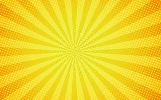 raggi di sole in stile vintage retrò su sfondo giallo e arancione, motivo a fumetti con starburst e mezzitoni. effetto sunburst retrò dei cartoni animati con punti. raggi. illustrazione vettoriale banner estivo.