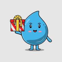 simpatico cartone animato goccia d'acqua personaggio che tiene confezione regalo vettore