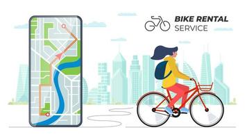 la donna guida la bici a noleggio contro il paesaggio urbano moderno con l'app mobile per il noleggio di biciclette per smartphone sullo schermo. banner del servizio di noleggio biciclette. condivisione del trasporto pubblico di biciclette. concetto di pubblicità sui trasporti ecologici urbani vettore