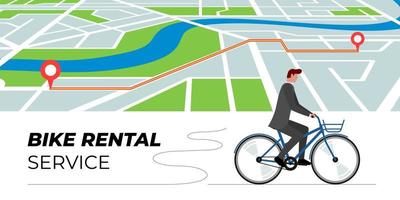 l'uomo guida la bici a noleggio contro la mappa della città con il percorso. modello di banner del servizio di noleggio biciclette. concetto di design per la condivisione del trasporto pubblico in bicicletta. pubblicità per l'affitto di trasporti ecologici urbani. illustrazione vettoriale