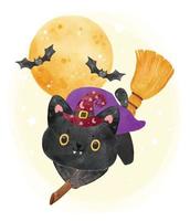 carino divertente halloween gatto nero strega su scopa volante con luna piena e pipistrelli illustrazione ad acquerello vettore