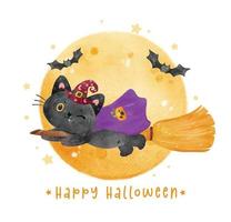 carino cattivo sorriso halloween gatto nero indossare cappello da strega su scopa volante con luna piena e pipistrelli illustrazione ad acquerello vettore