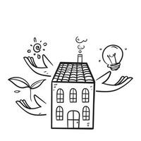 casa di doodle disegnato a mano con lampadina elettrica e simbolo della pianta per l'illustrazione vivente di eco vettore