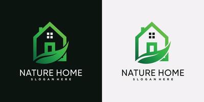 modello di progettazione del logo della casa della natura con foglia verde ed elemento creativo vettore