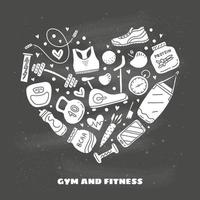 doodle icone di palestra e fitness composte a forma di cuore. vettore