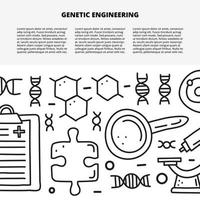 modello di articolo con spazio per testo e doodle contorno icone di ingegneria genetica tra cui dna, appunti vuoti, molecola, pianta in provetta, pezzo di puzzle, tablet, mela, pipetta. vettore