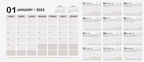 La settimana del calendario da tavolo 2023 inizia la domenica con colori che utilizzano per il digitale verticale e stampabile vettore