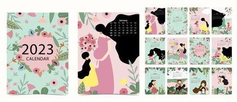 Calendario da tavolo 2023 inizio settimana domenica con donna e fiore che utilizzano per formato A4 A5 digitale e stampabile verticale vettore